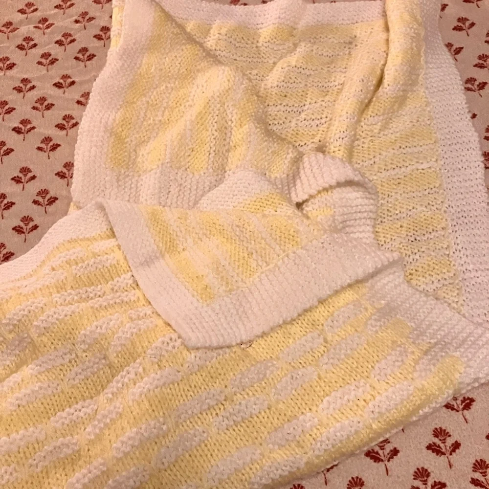Hand knit pretty throw blanket / baby blanket lemon yellow and white wool blend